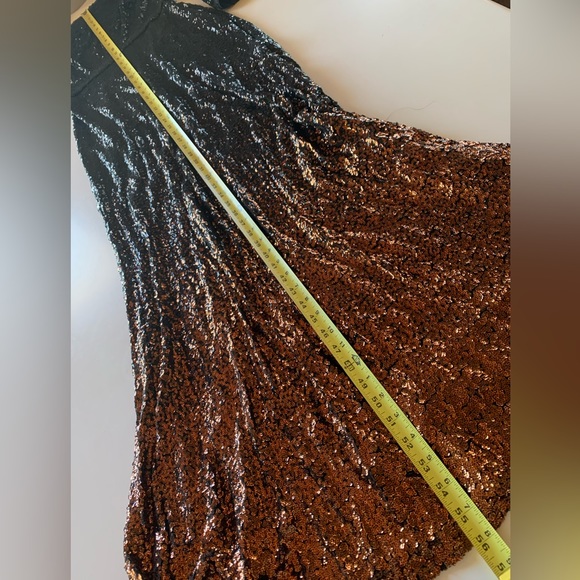 Sequin Holiday Dress Long, Tadashi Shoji Stretch Black & Copper. Long Sleeve - Picture 12 of 14